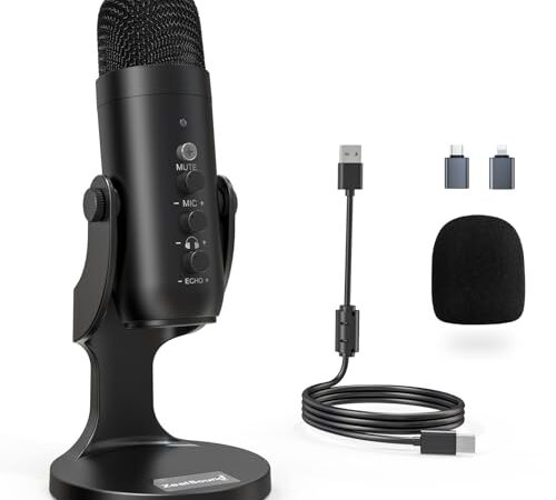 zealsound USB Microphone à Condensateur, Micro Gaming pour PC Phone Ordinateur Portable et PS4&5, avec Muet/Écho/Réduction du Bruit, pour Streaming, Enregistrement,Vocal,Podcast,Twitch, ASMR,K66 Noir